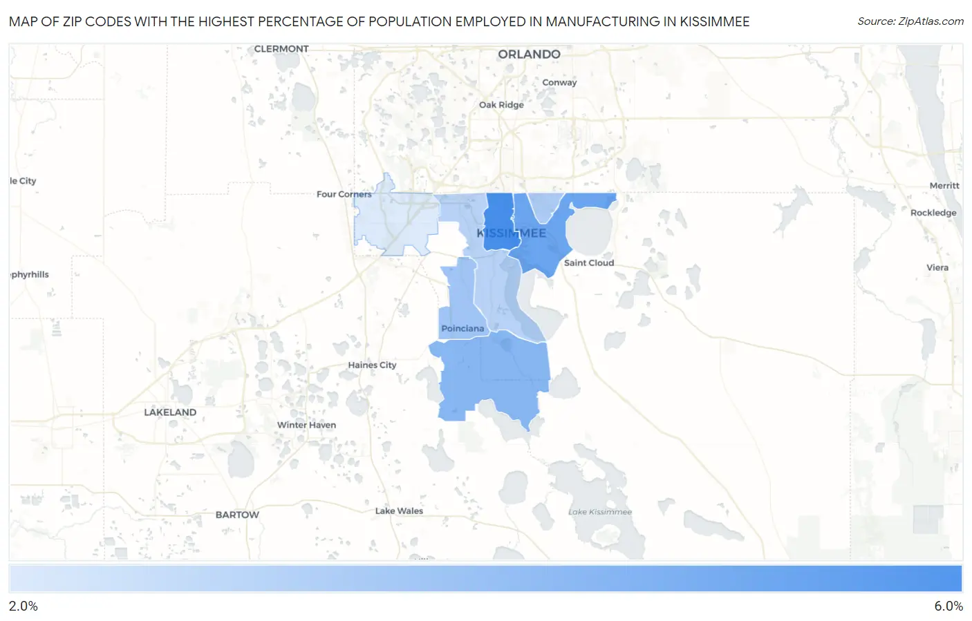 Zip Codes with the Highest Percentage of Population Employed in Manufacturing in Kissimmee Map
