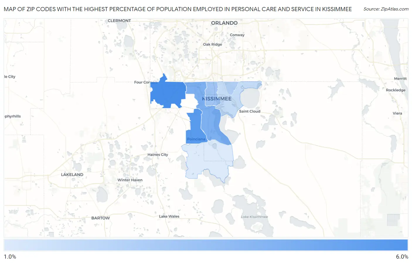 Zip Codes with the Highest Percentage of Population Employed in Personal Care and Service in Kissimmee Map