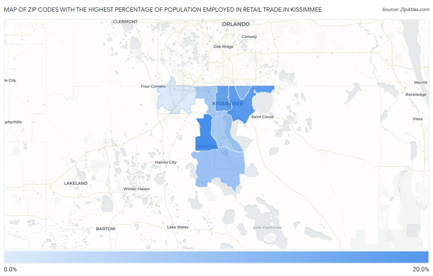Zip Codes with the Highest Percentage of Population Employed in Retail Trade in Kissimmee Map