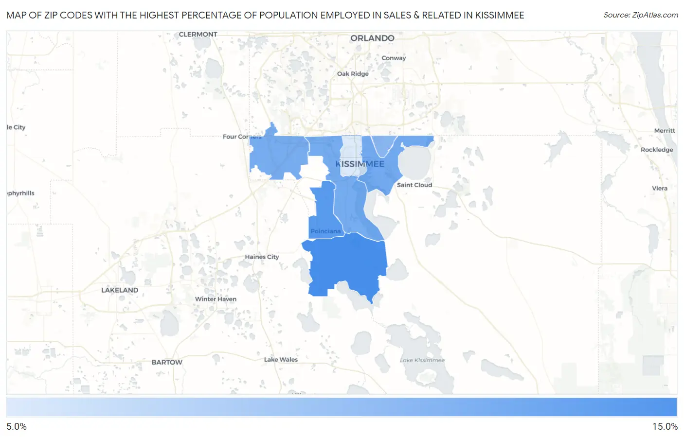 Zip Codes with the Highest Percentage of Population Employed in Sales & Related in Kissimmee Map