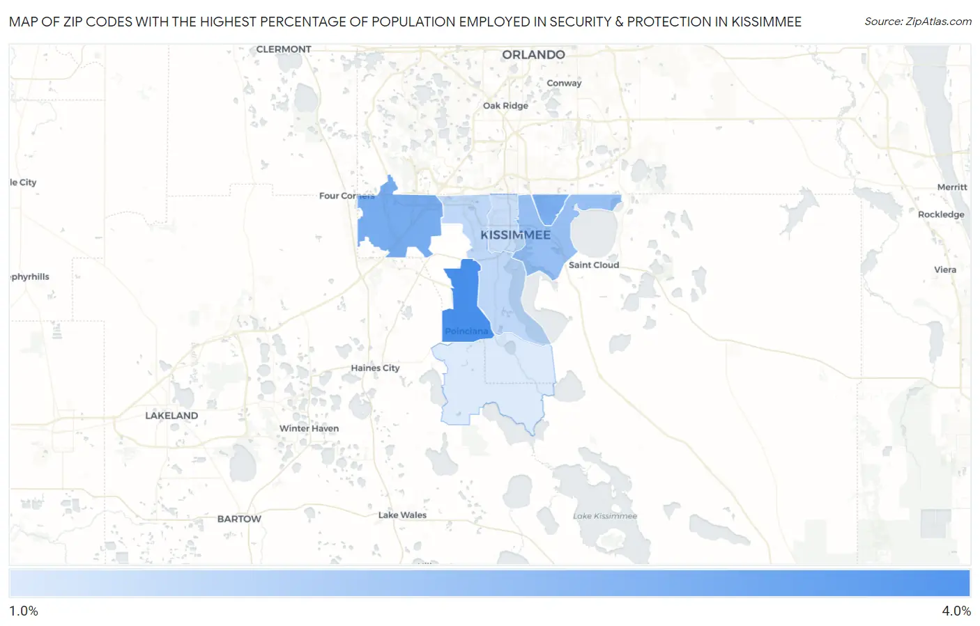 Zip Codes with the Highest Percentage of Population Employed in Security & Protection in Kissimmee Map