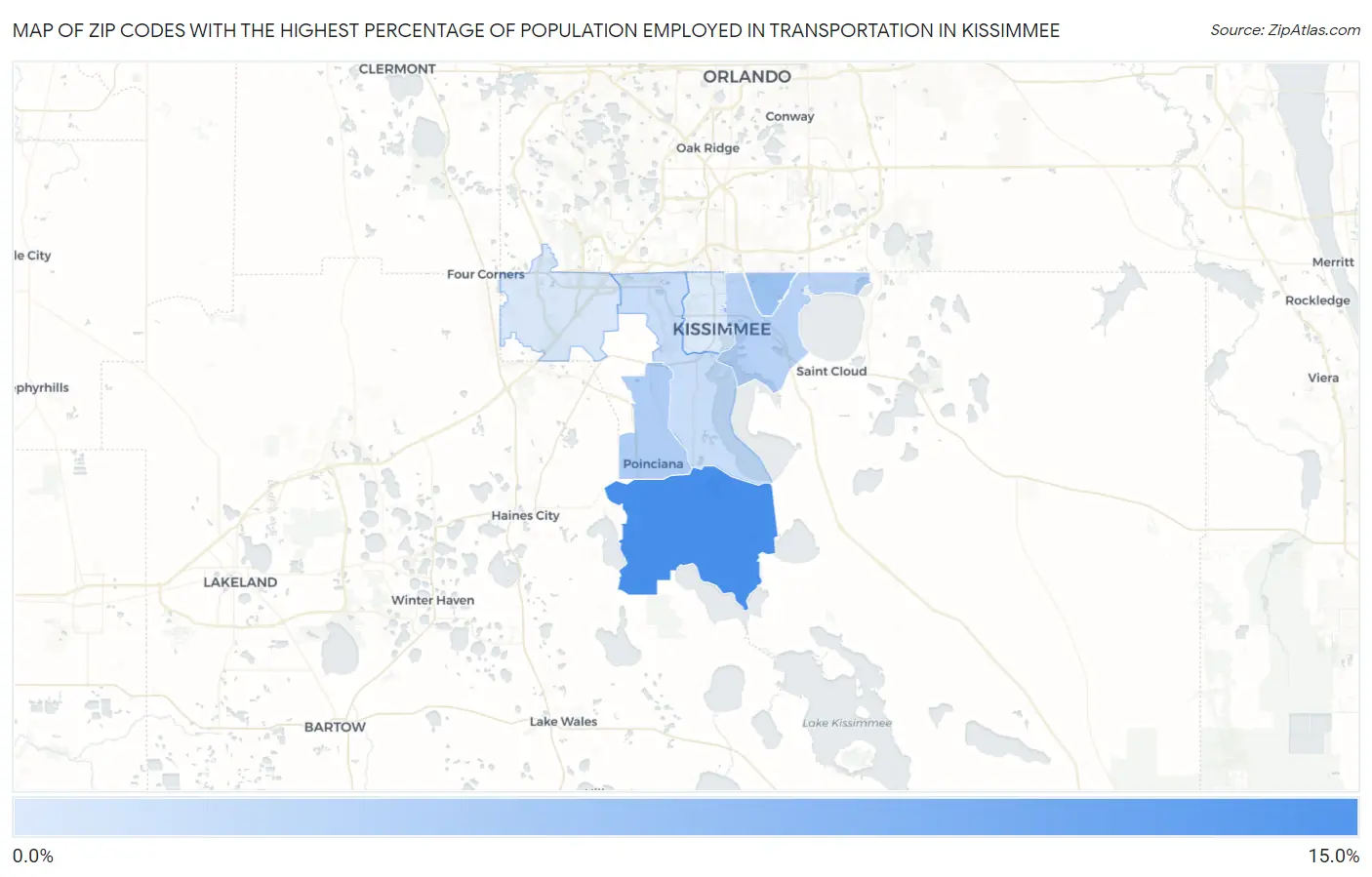 Zip Codes with the Highest Percentage of Population Employed in Transportation in Kissimmee Map