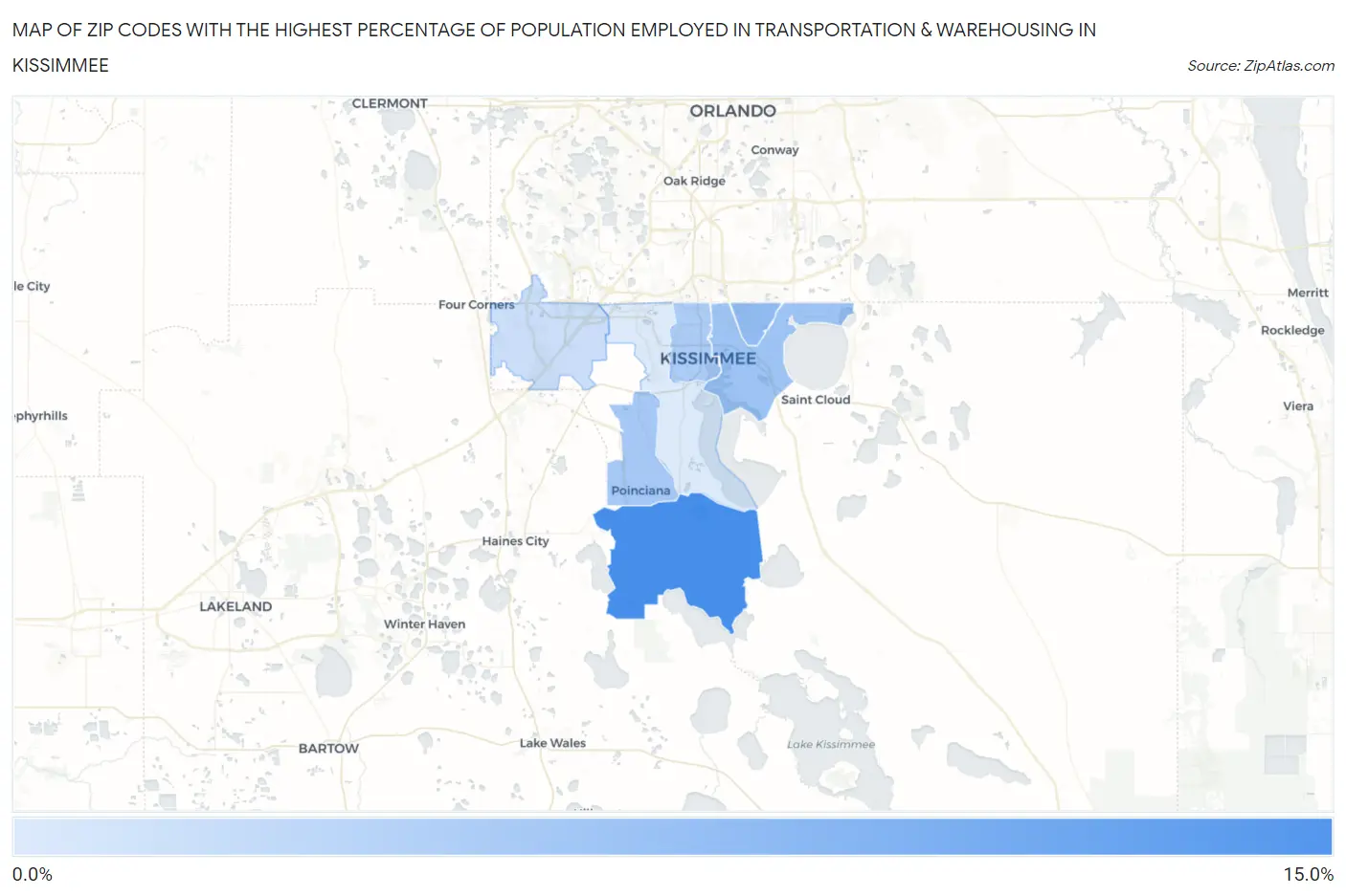 Zip Codes with the Highest Percentage of Population Employed in Transportation & Warehousing in Kissimmee Map