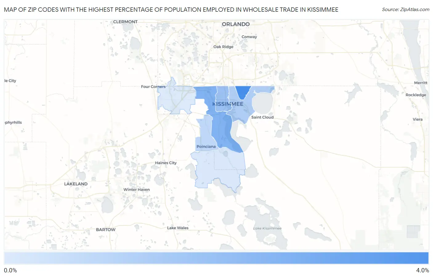 Zip Codes with the Highest Percentage of Population Employed in Wholesale Trade in Kissimmee Map