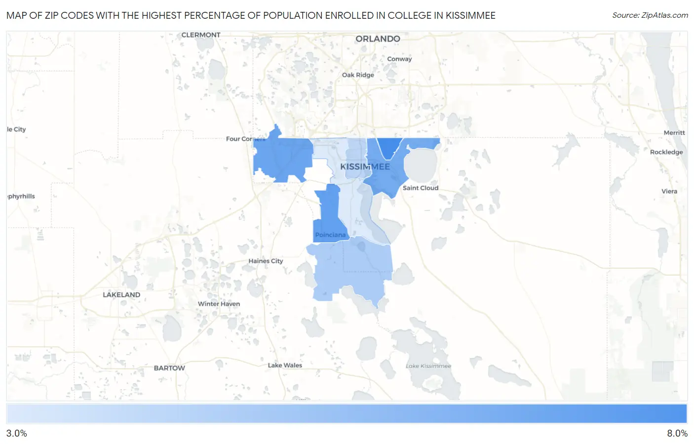 Zip Codes with the Highest Percentage of Population Enrolled in College in Kissimmee Map