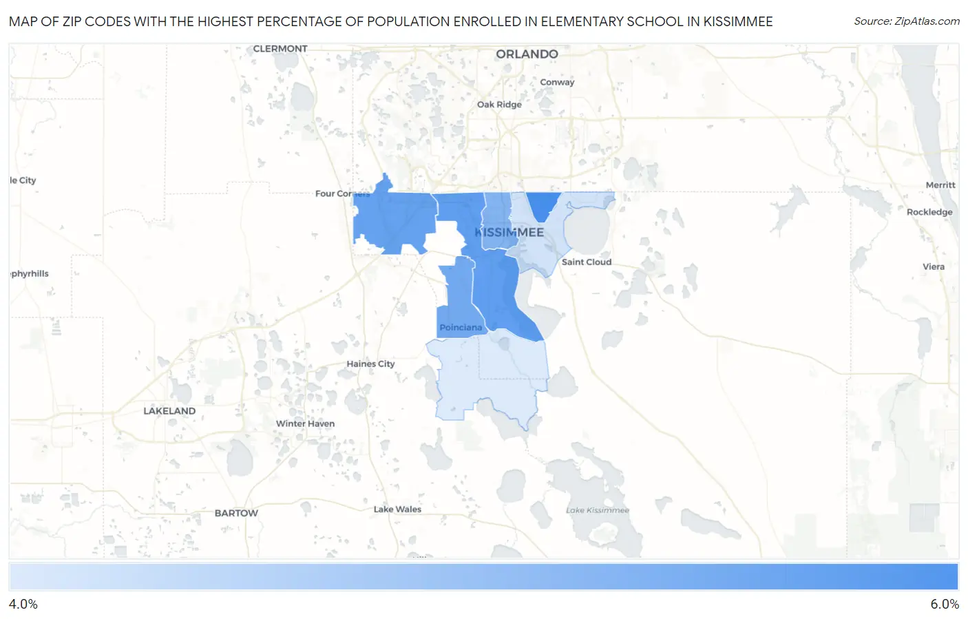 Zip Codes with the Highest Percentage of Population Enrolled in Elementary School in Kissimmee Map