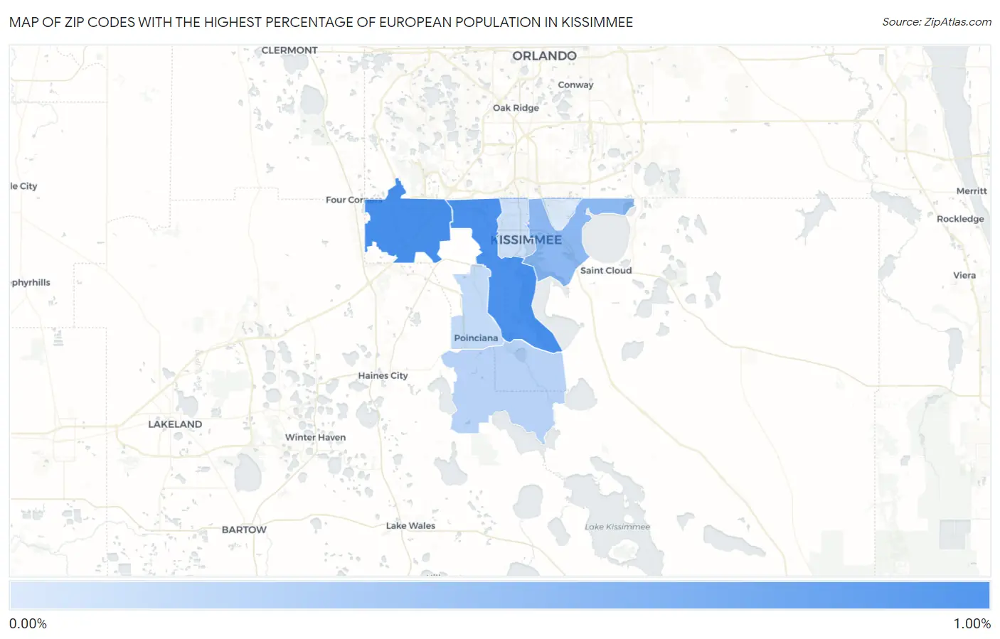 Zip Codes with the Highest Percentage of European Population in Kissimmee Map