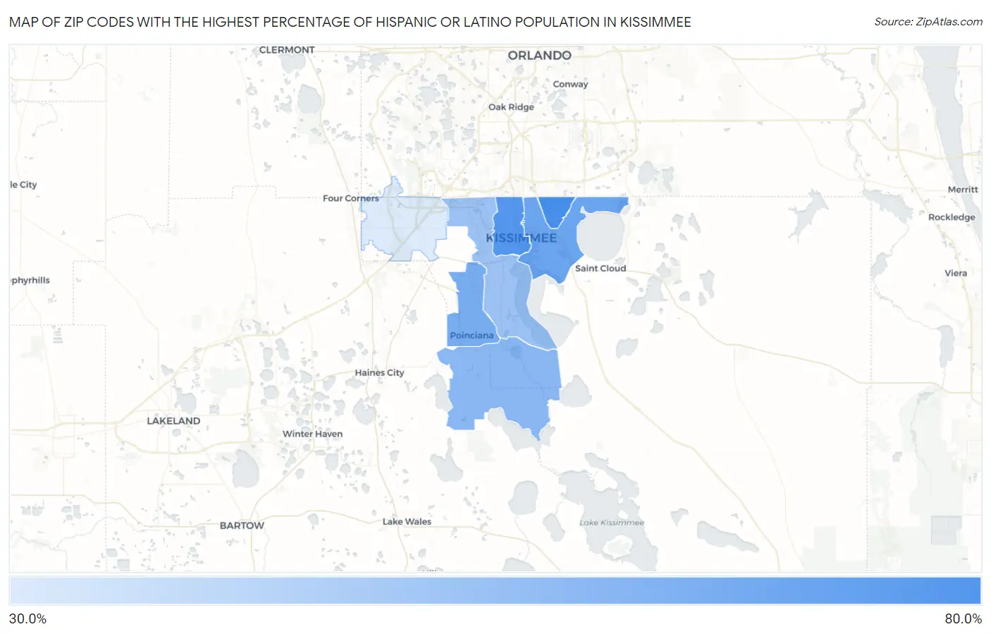Zip Codes with the Highest Percentage of Hispanic or Latino Population in Kissimmee Map