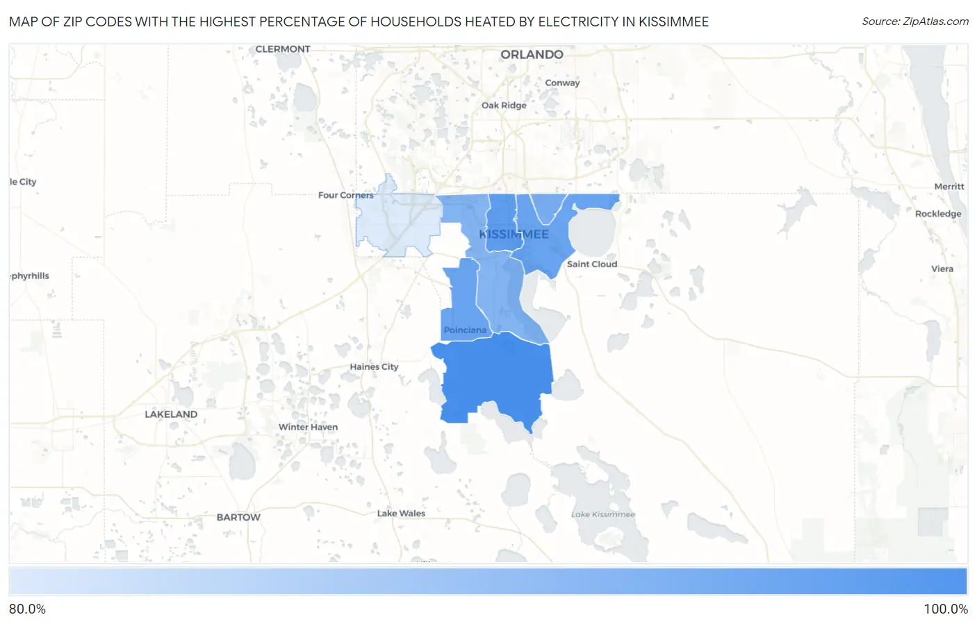 Zip Codes with the Highest Percentage of Households Heated by Electricity in Kissimmee Map