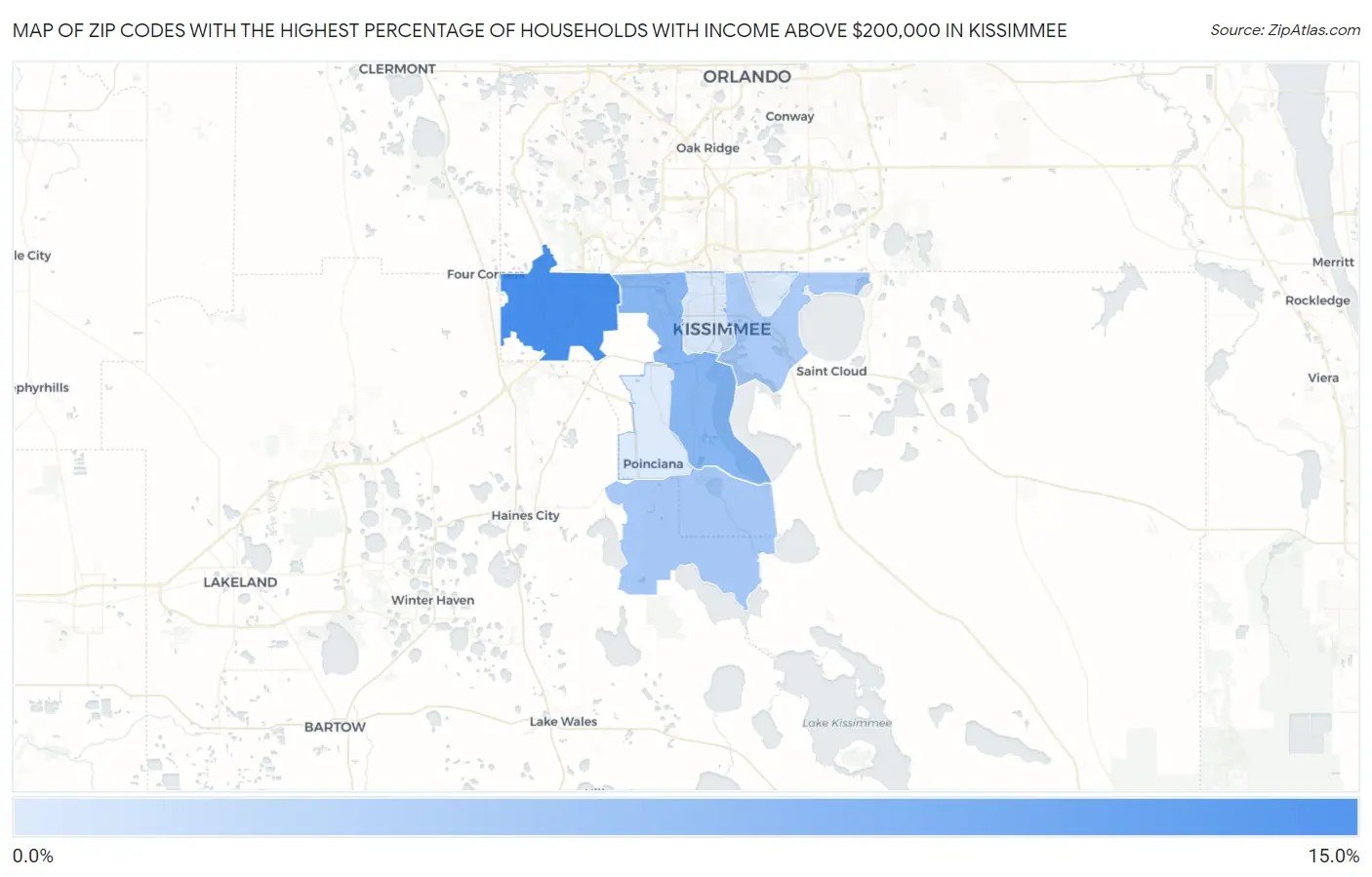 Zip Codes with the Highest Percentage of Households with Income Above $200,000 in Kissimmee Map