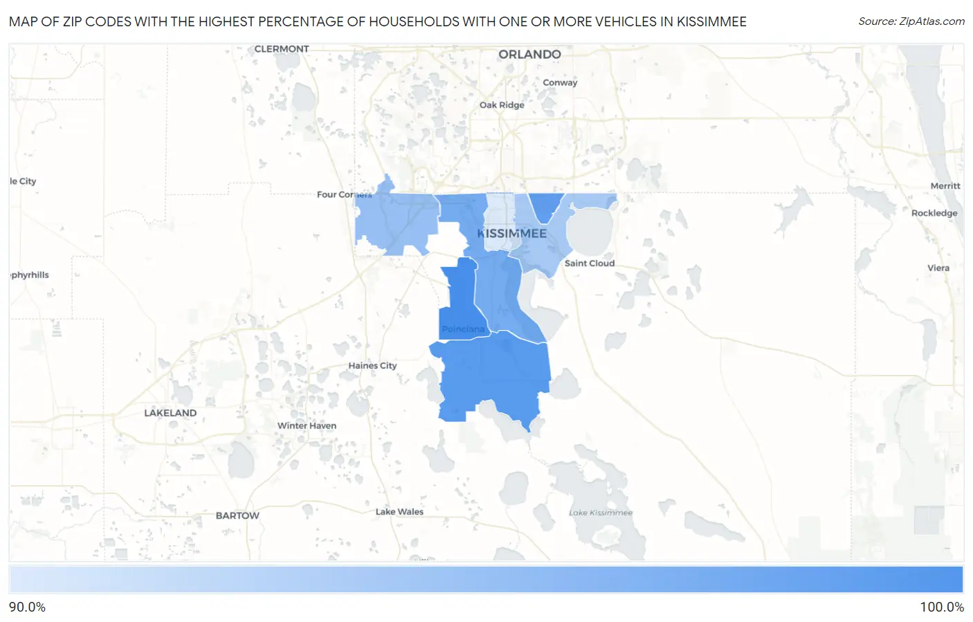 Zip Codes with the Highest Percentage of Households With One or more Vehicles in Kissimmee Map