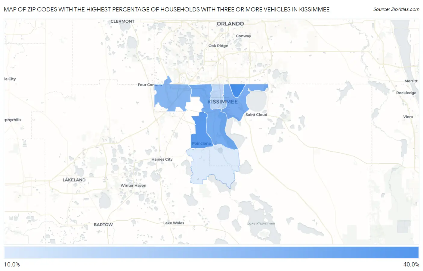 Zip Codes with the Highest Percentage of Households With Three or more Vehicles in Kissimmee Map