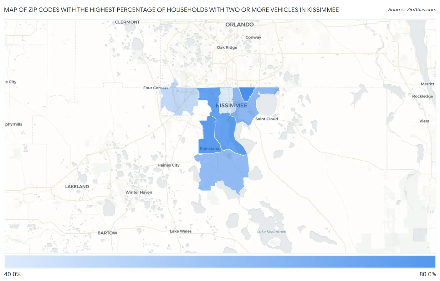 Zip Codes with the Highest Percentage of Households With Two or more Vehicles in Kissimmee Map
