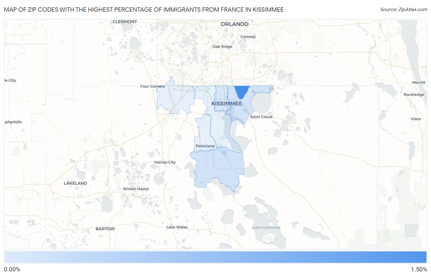 Zip Codes with the Highest Percentage of Immigrants from France in Kissimmee Map
