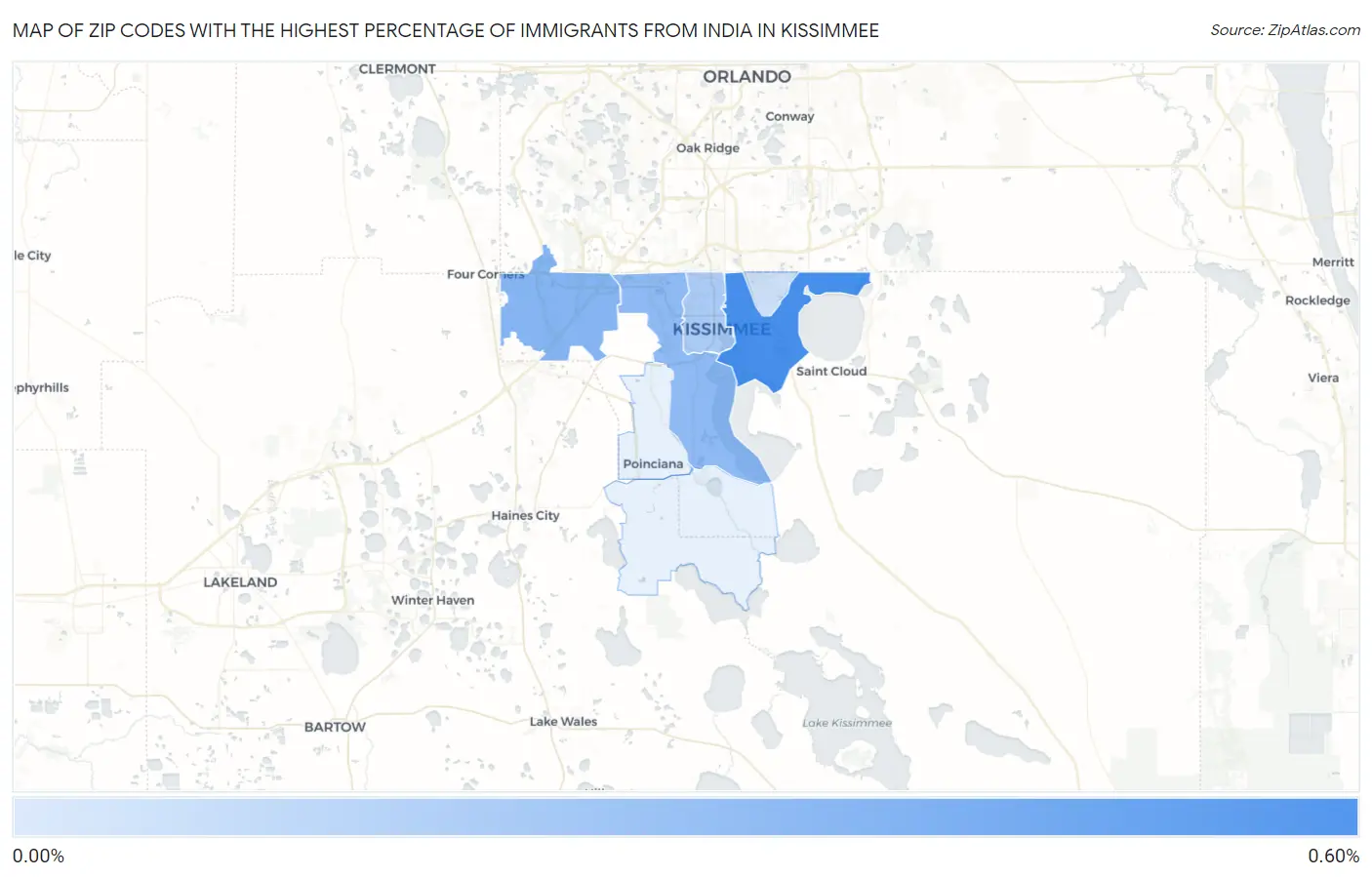 Zip Codes with the Highest Percentage of Immigrants from India in Kissimmee Map