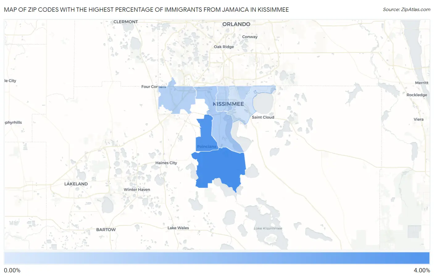 Zip Codes with the Highest Percentage of Immigrants from Jamaica in Kissimmee Map