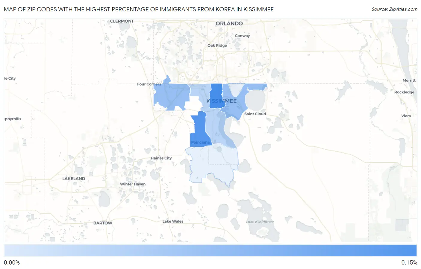 Zip Codes with the Highest Percentage of Immigrants from Korea in Kissimmee Map