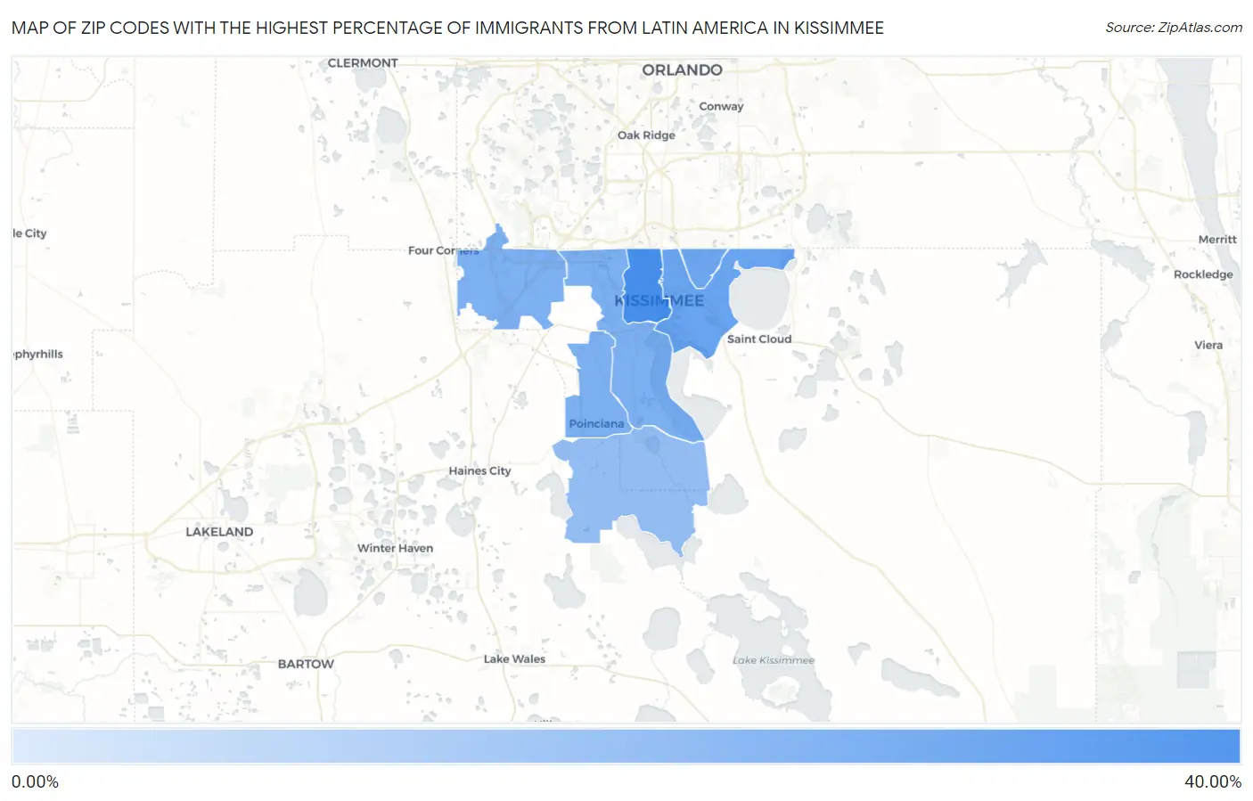 Zip Codes with the Highest Percentage of Immigrants from Latin America in Kissimmee Map