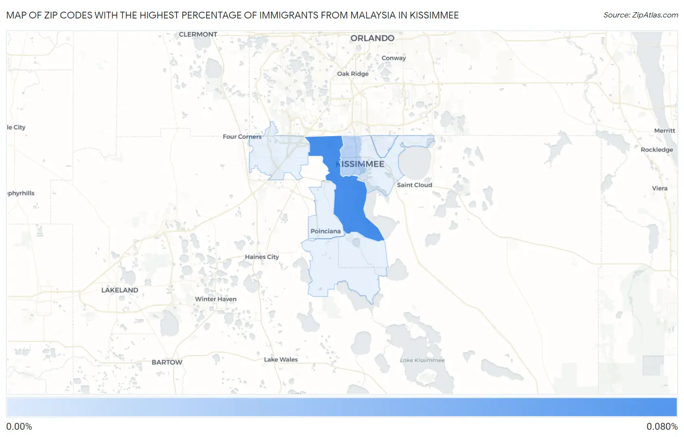 Zip Codes with the Highest Percentage of Immigrants from Malaysia in Kissimmee Map