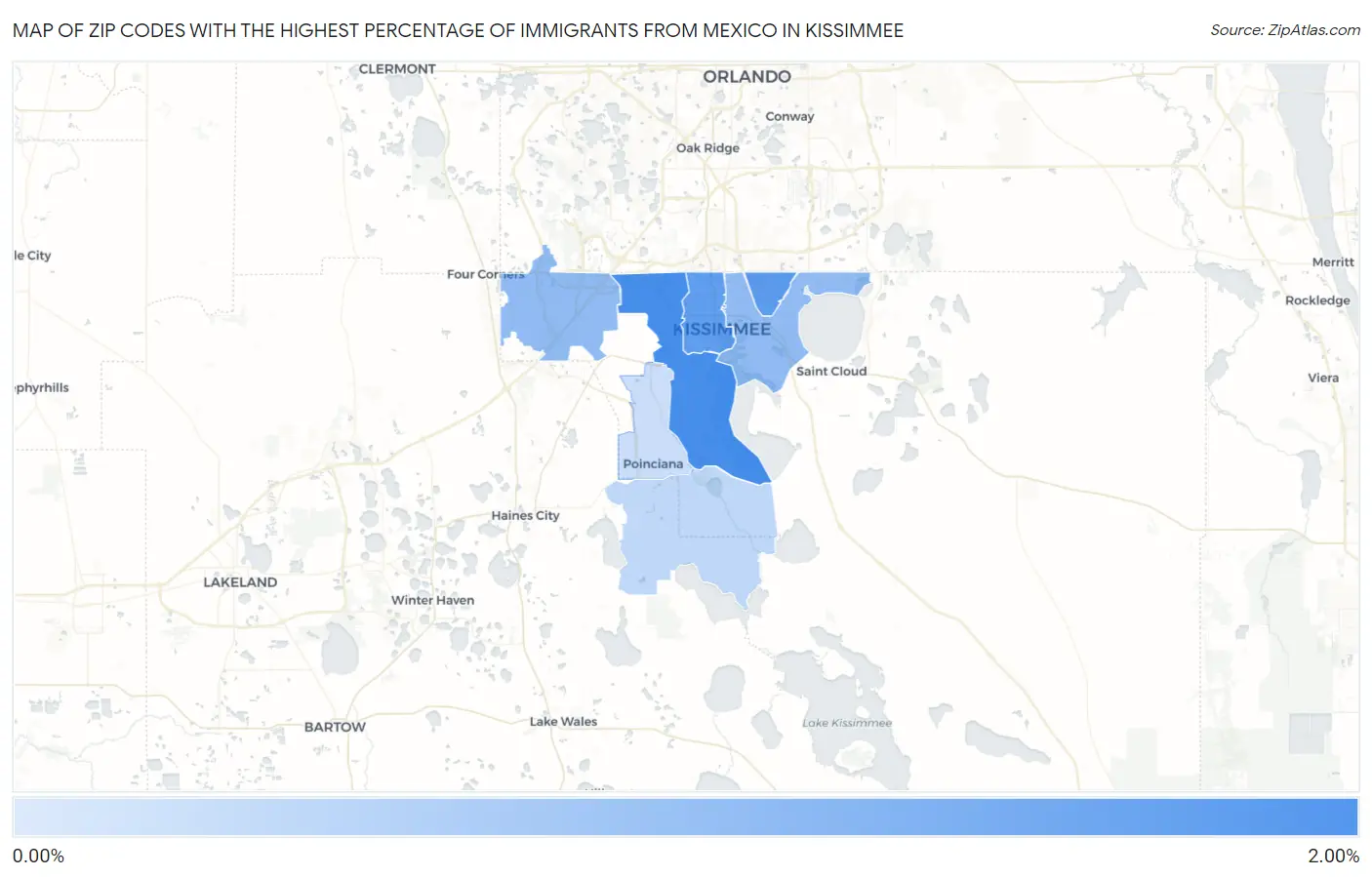 Zip Codes with the Highest Percentage of Immigrants from Mexico in Kissimmee Map