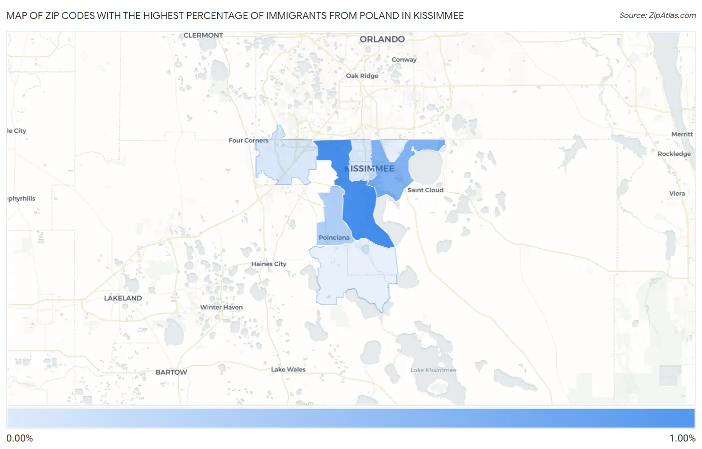 Zip Codes with the Highest Percentage of Immigrants from Poland in Kissimmee Map
