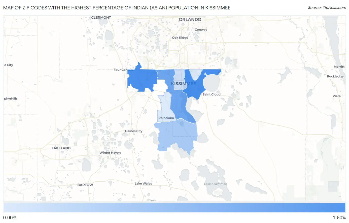 Zip Codes with the Highest Percentage of Indian (Asian) Population in Kissimmee Map