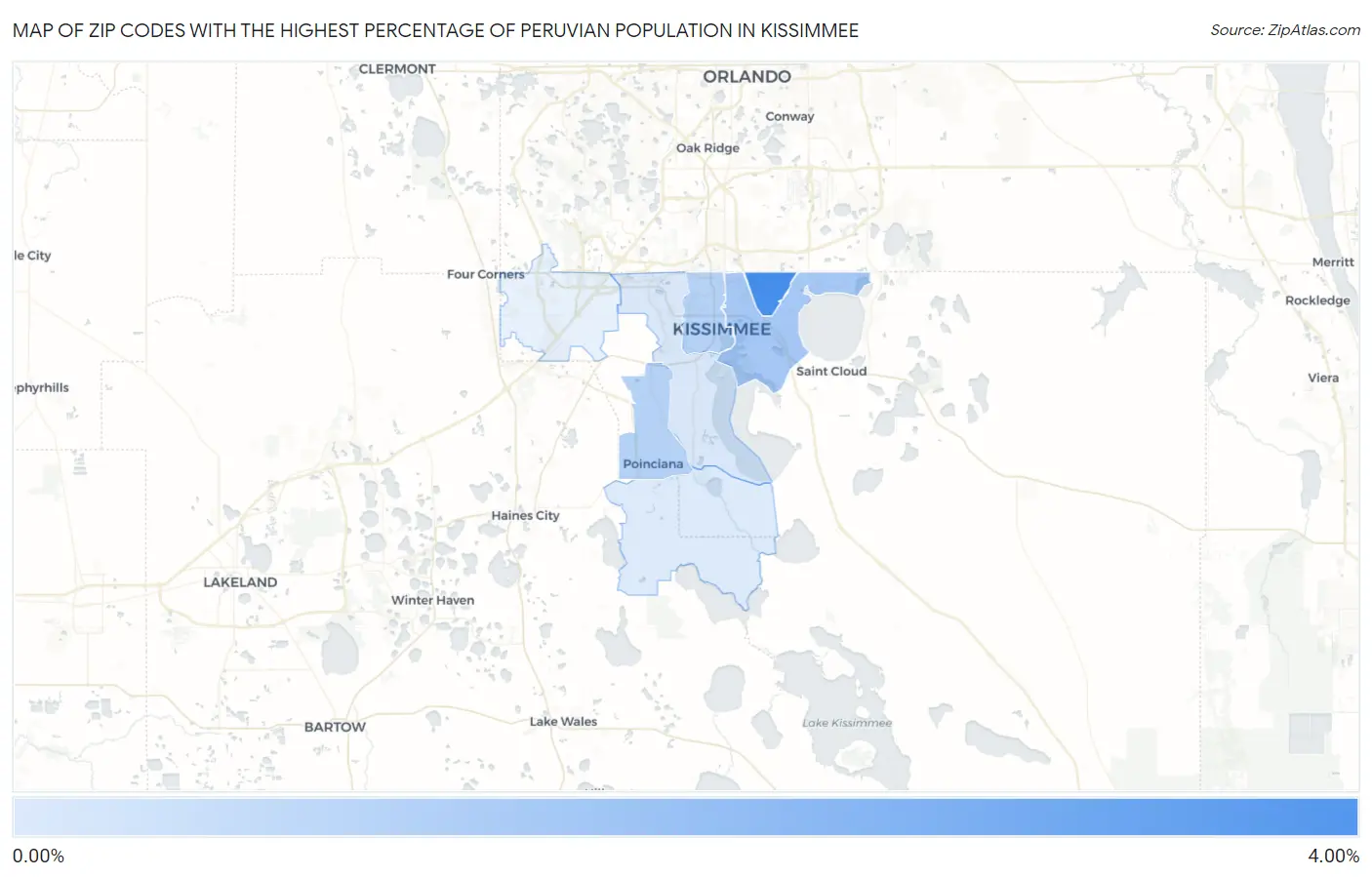 Zip Codes with the Highest Percentage of Peruvian Population in Kissimmee Map