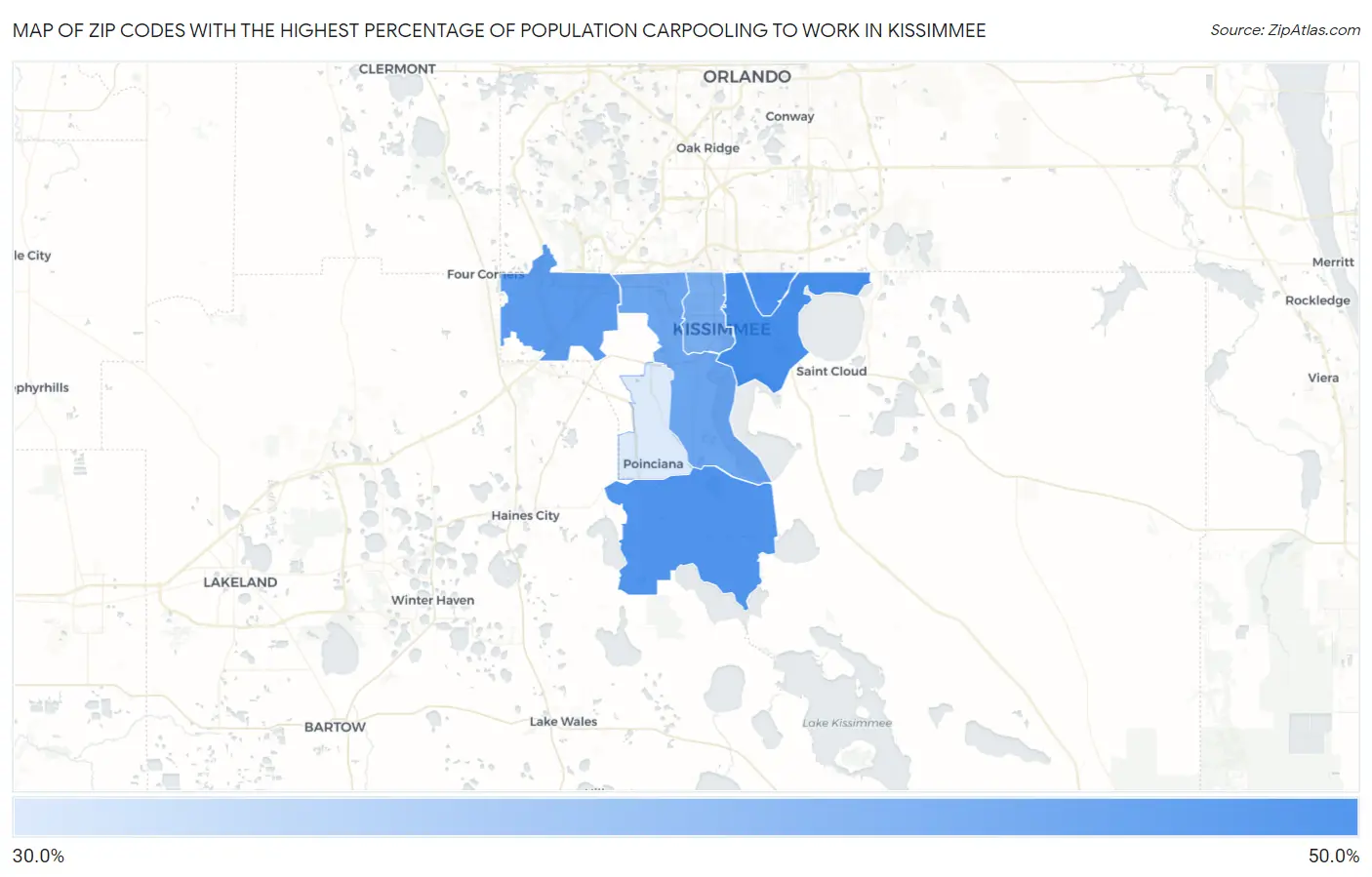 Zip Codes with the Highest Percentage of Population Carpooling to Work in Kissimmee Map