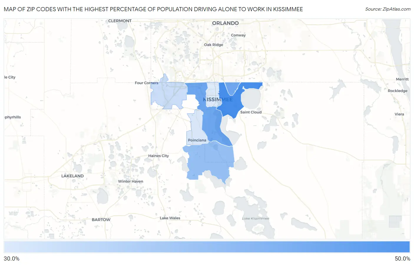 Zip Codes with the Highest Percentage of Population Driving Alone to Work in Kissimmee Map