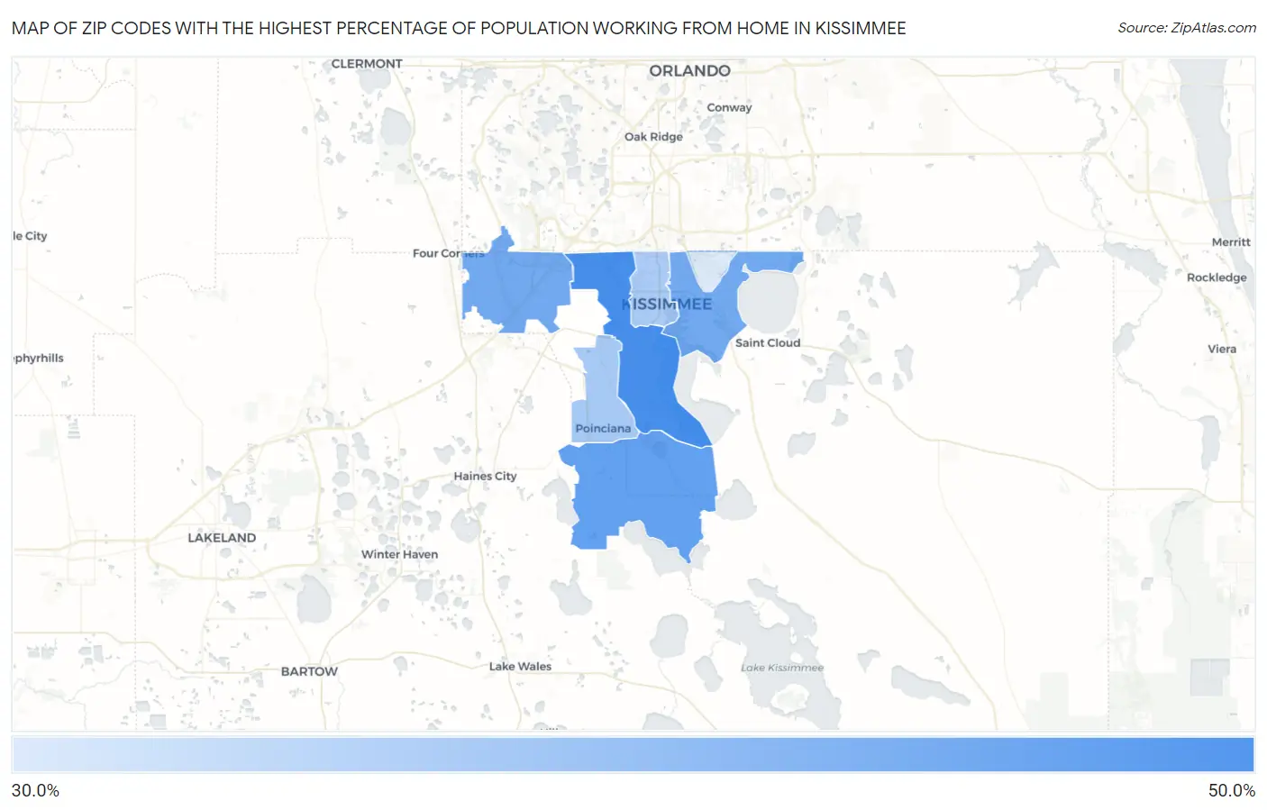 Zip Codes with the Highest Percentage of Population Working from Home in Kissimmee Map