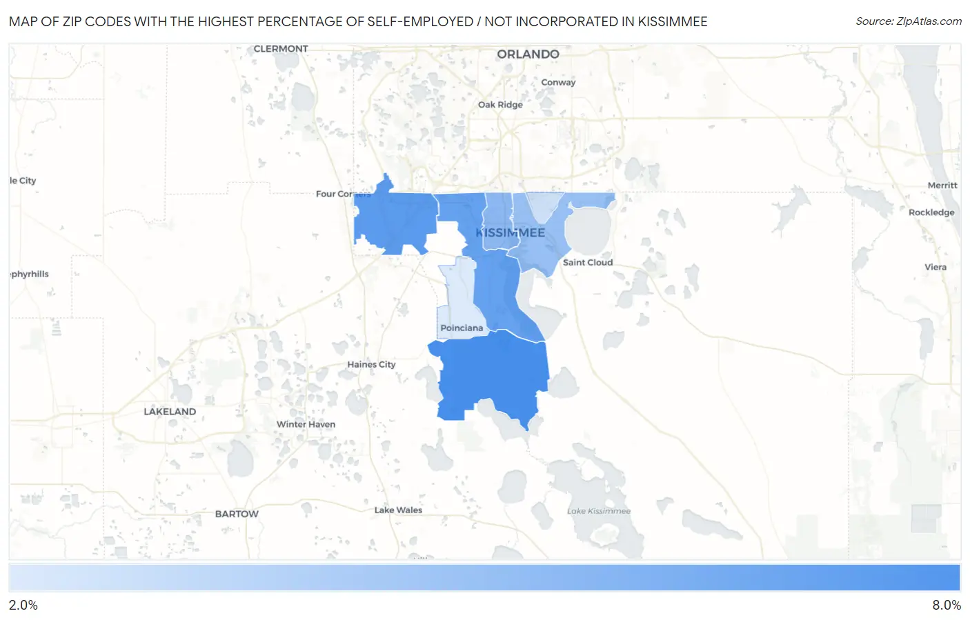Zip Codes with the Highest Percentage of Self-Employed / Not Incorporated in Kissimmee Map