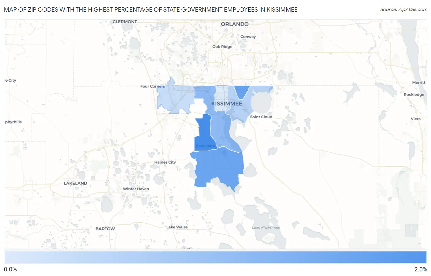 Zip Codes with the Highest Percentage of State Government Employees in Kissimmee Map