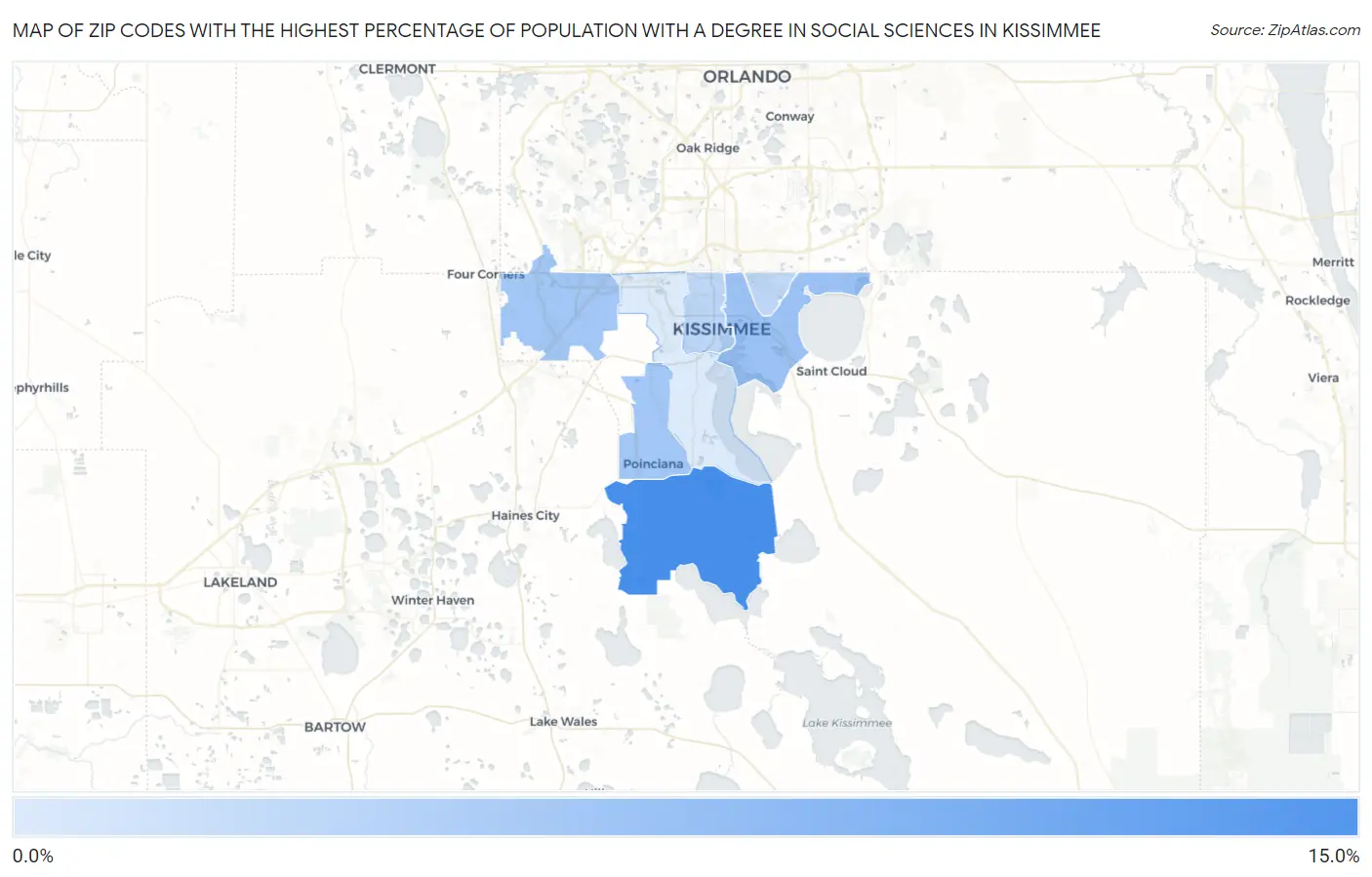 Zip Codes with the Highest Percentage of Population with a Degree in Social Sciences in Kissimmee Map