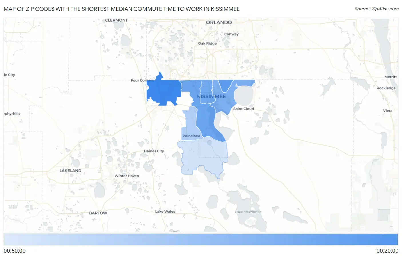 Zip Codes with the Shortest Median Commute Time to Work in Kissimmee Map