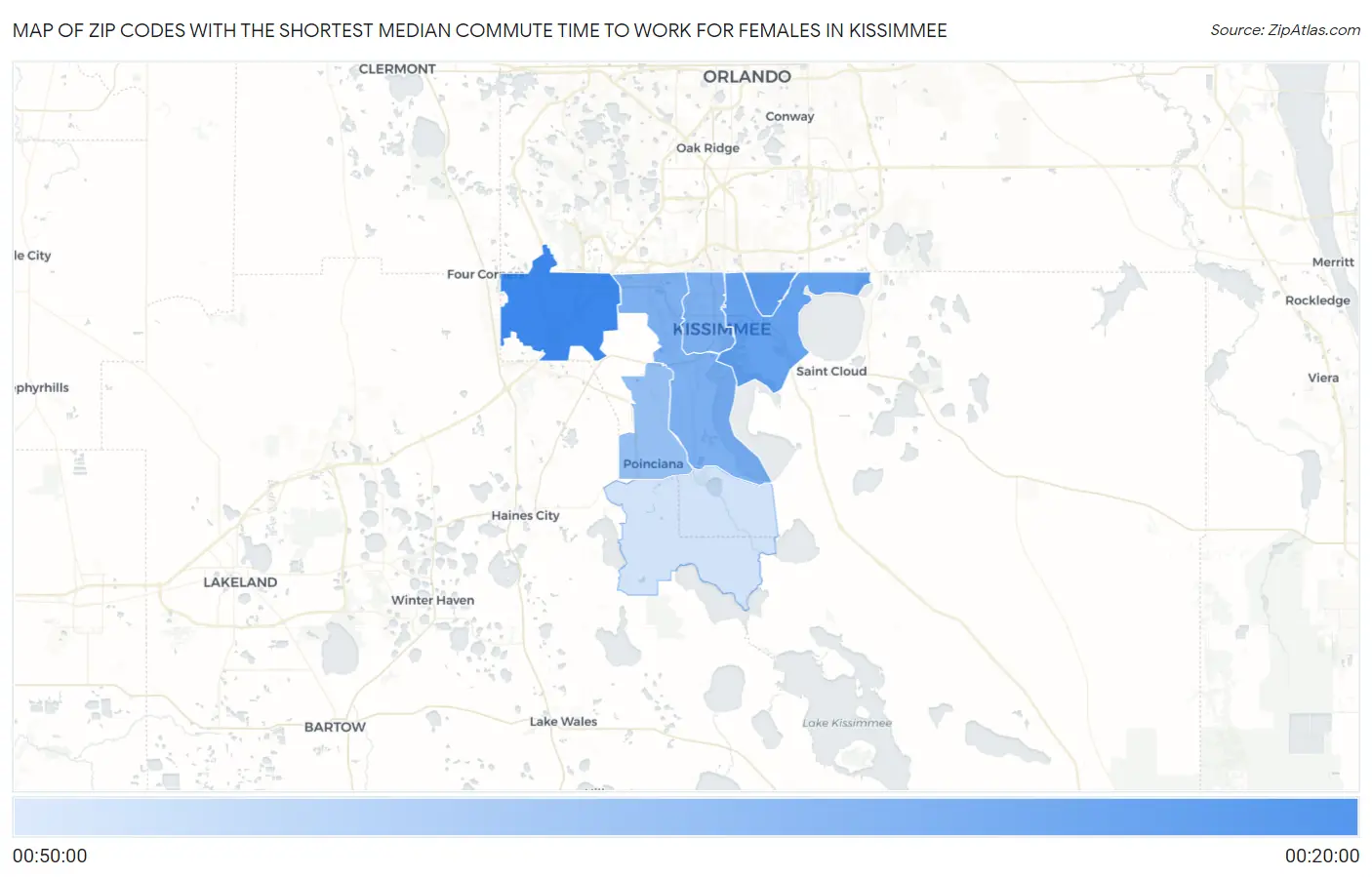 Zip Codes with the Shortest Median Commute Time to Work for Females in Kissimmee Map