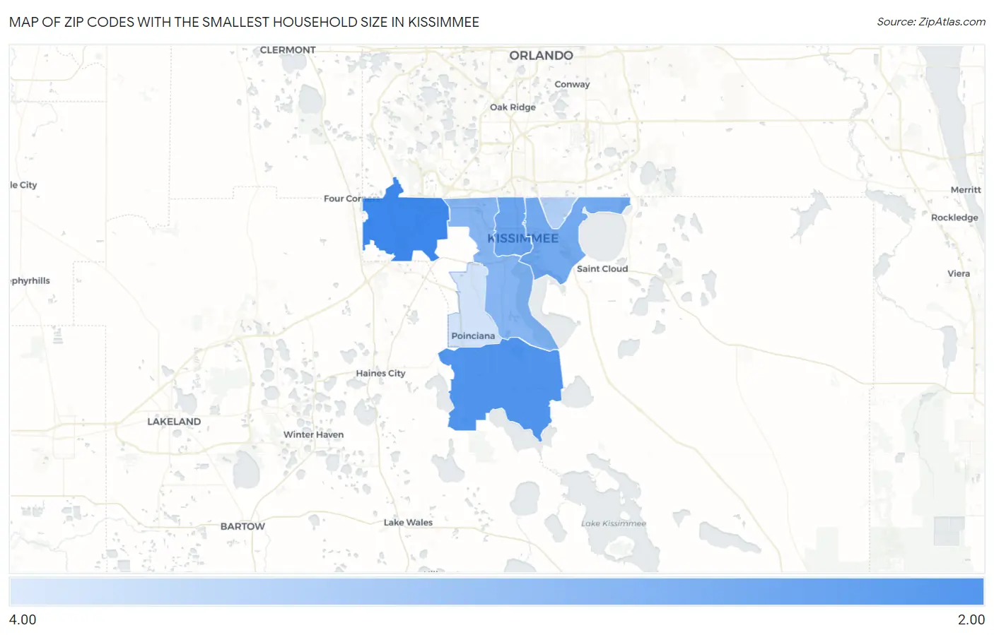 Zip Codes with the Smallest Household Size in Kissimmee Map