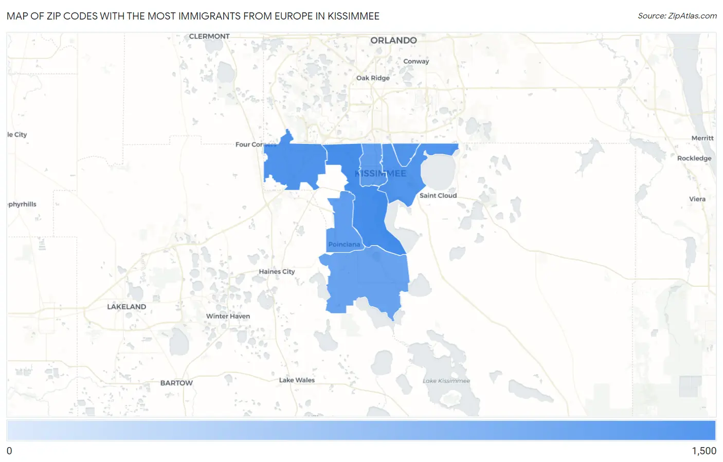 Zip Codes with the Most Immigrants from Europe in Kissimmee Map