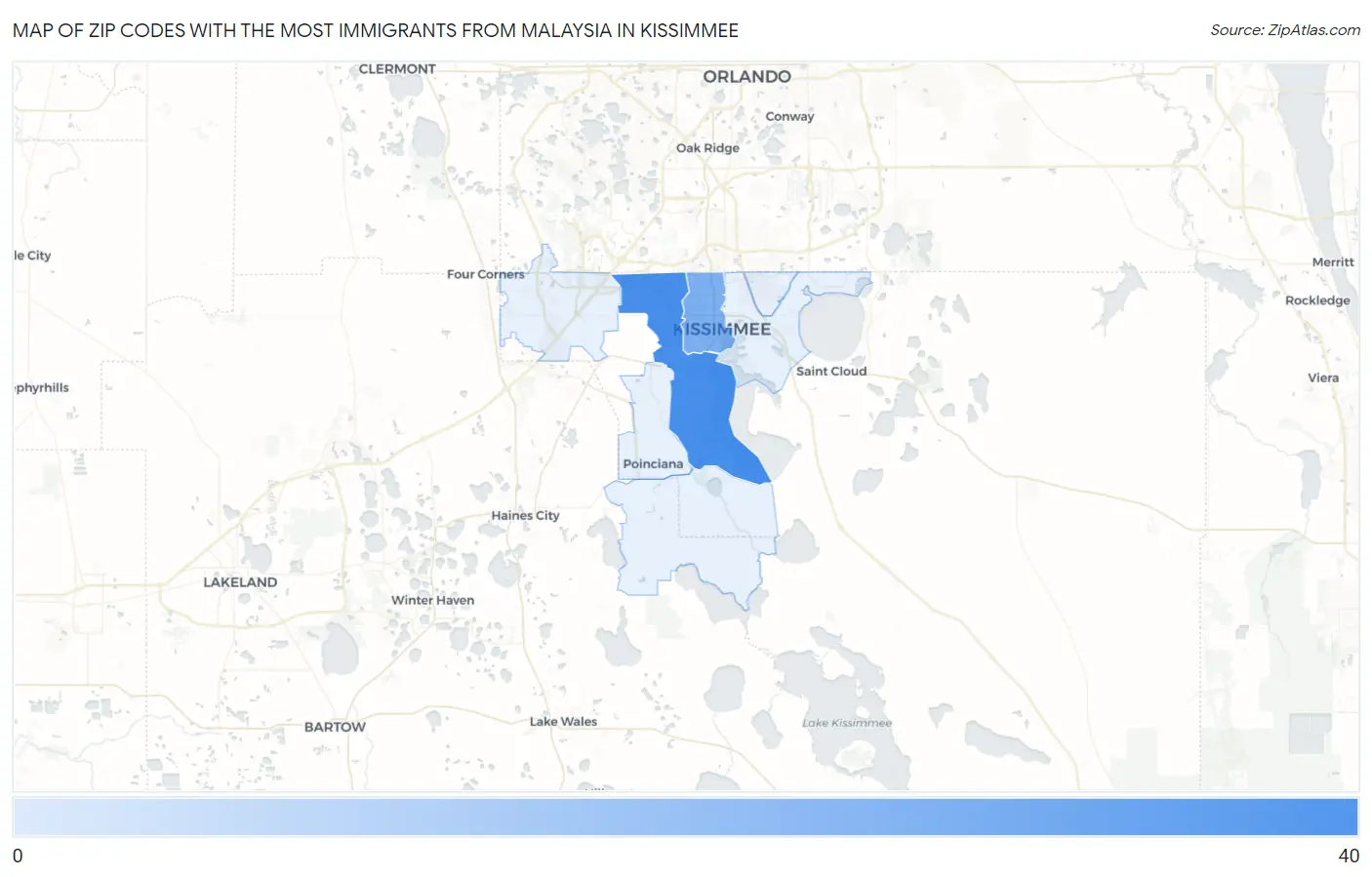 Zip Codes with the Most Immigrants from Malaysia in Kissimmee Map