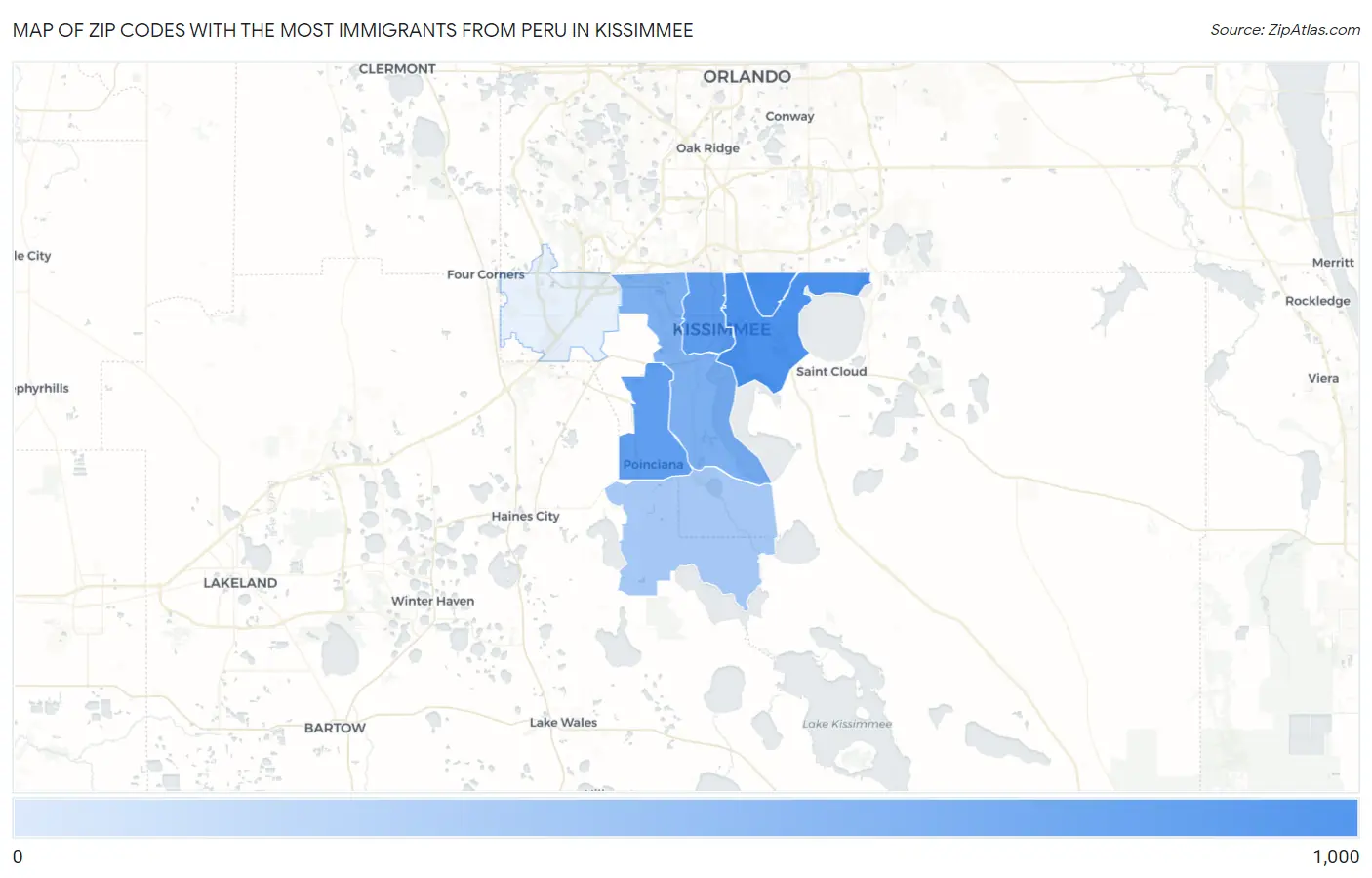 Zip Codes with the Most Immigrants from Peru in Kissimmee Map