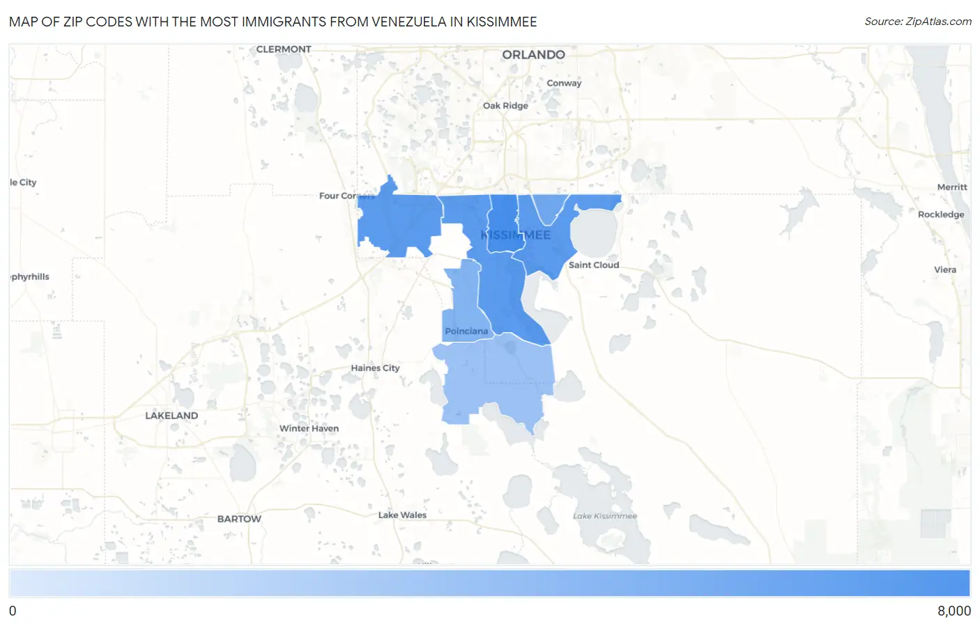 Zip Codes with the Most Immigrants from Venezuela in Kissimmee Map