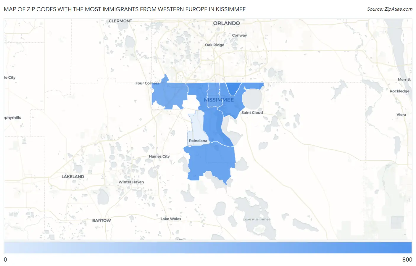 Zip Codes with the Most Immigrants from Western Europe in Kissimmee Map