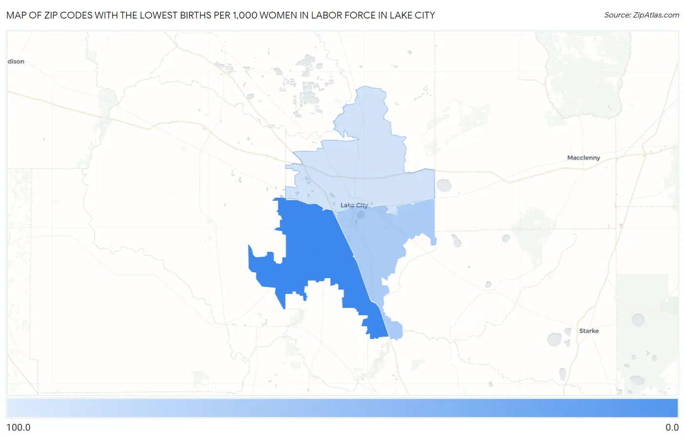 Zip Codes with the Lowest Births per 1,000 Women in Labor Force in Lake City Map