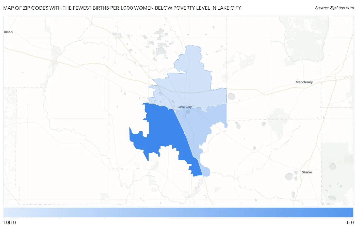 Zip Codes with the Fewest Births per 1,000 Women Below Poverty Level in Lake City Map