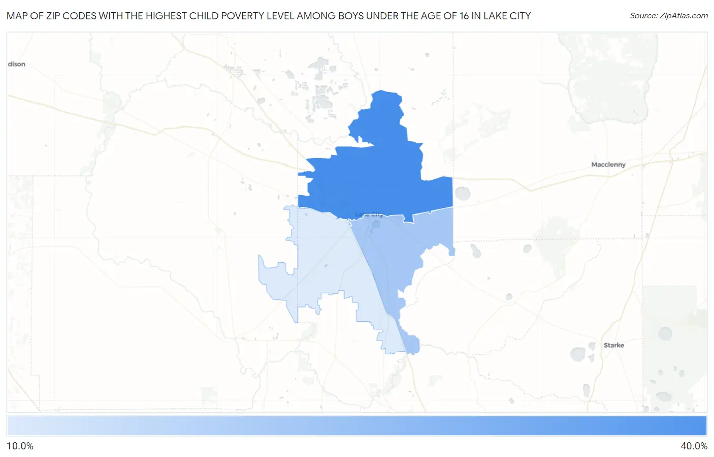 Zip Codes with the Highest Child Poverty Level Among Boys Under the Age of 16 in Lake City Map