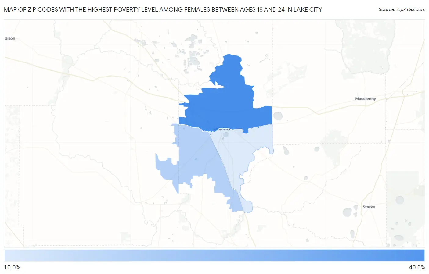 Zip Codes with the Highest Poverty Level Among Females Between Ages 18 and 24 in Lake City Map