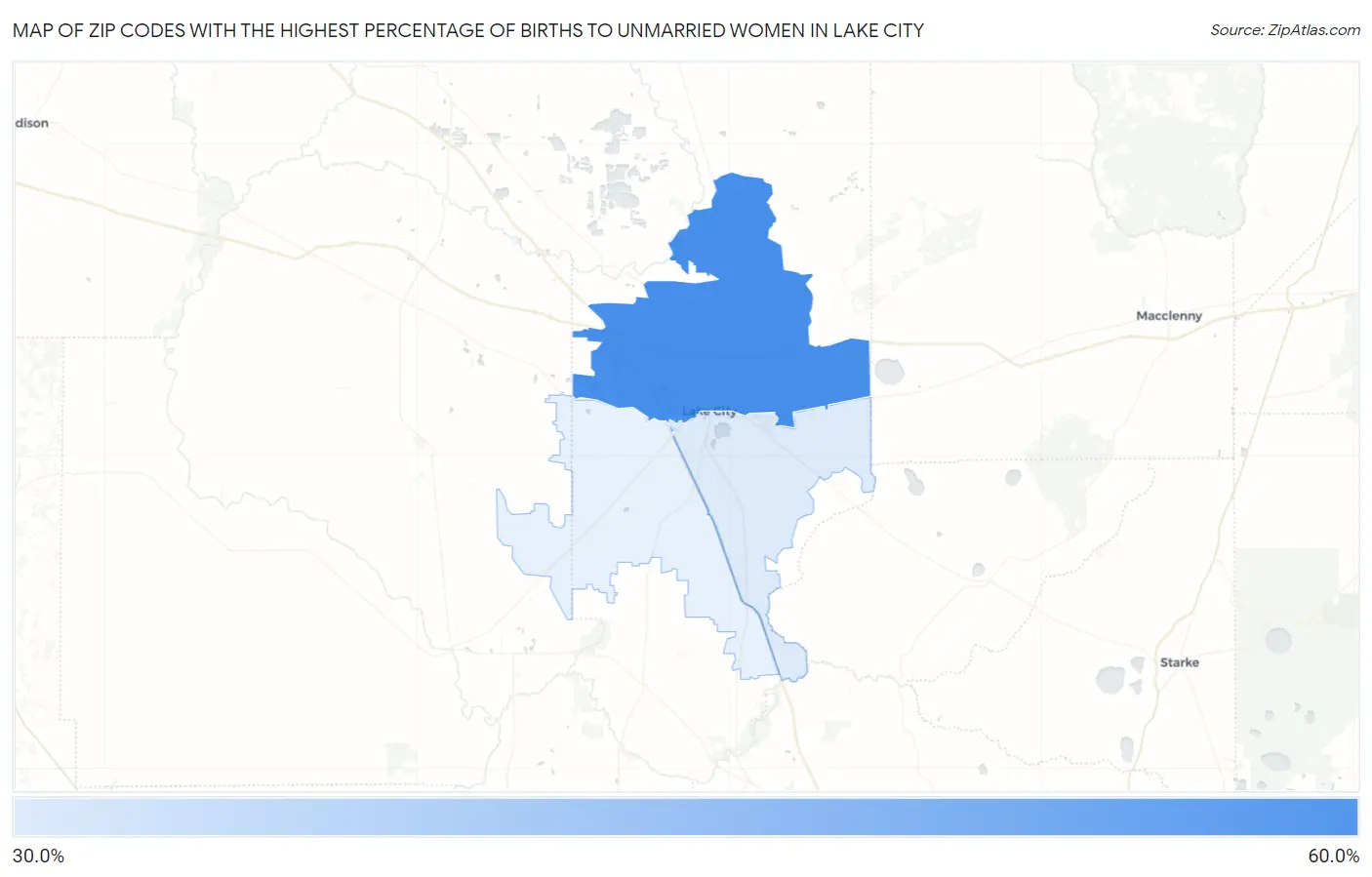 Zip Codes with the Highest Percentage of Births to Unmarried Women in Lake City Map