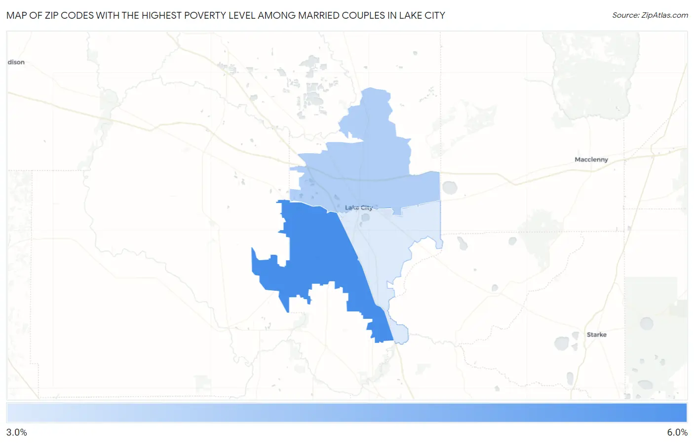 Zip Codes with the Highest Poverty Level Among Married Couples in Lake City Map