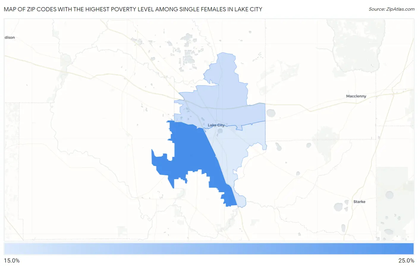 Zip Codes with the Highest Poverty Level Among Single Females in Lake City Map