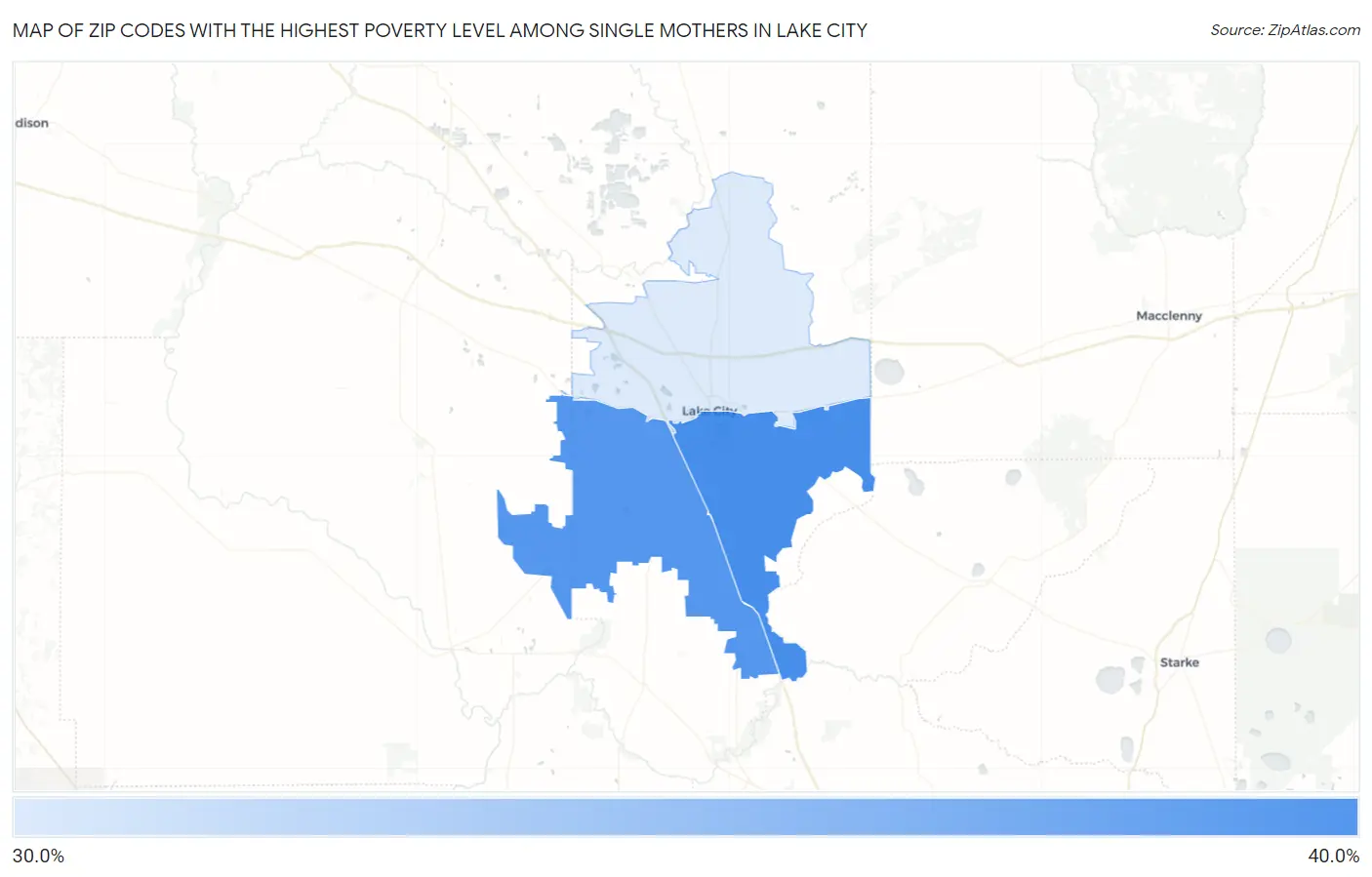 Zip Codes with the Highest Poverty Level Among Single Mothers in Lake City Map