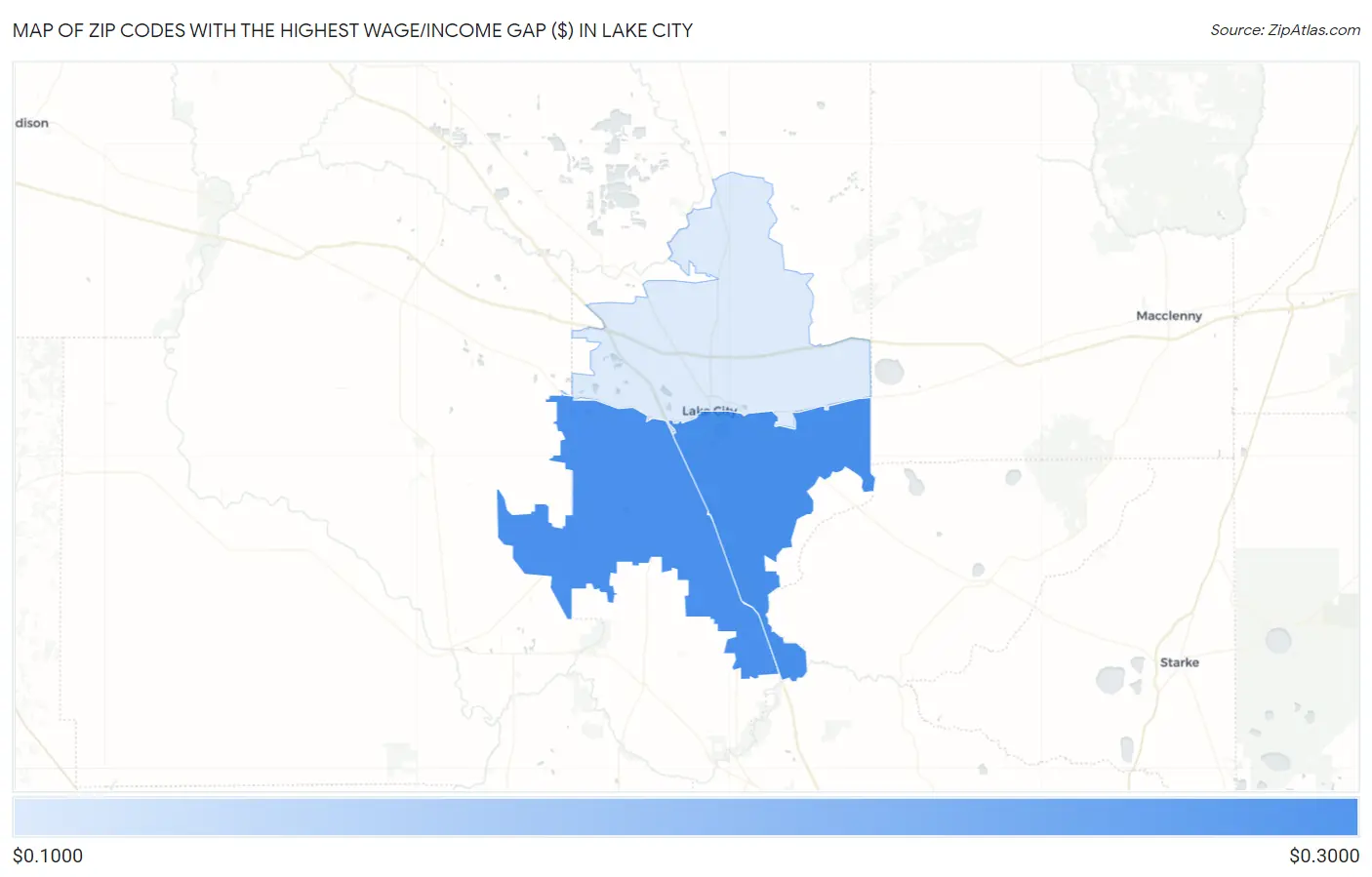 Zip Codes with the Highest Wage/Income Gap ($) in Lake City Map